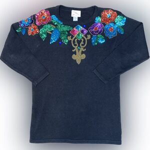 Vintage 90s 1992 SML Sport Ltd Black Sequin Floral Sweater Women’s Size Small